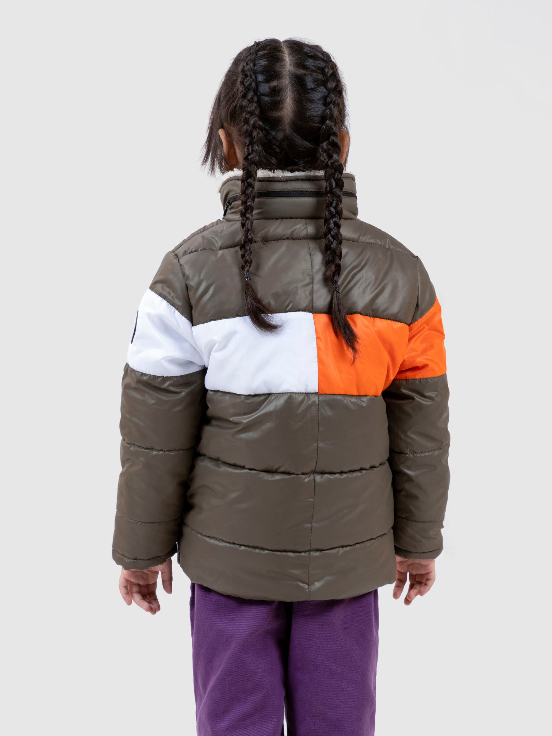 Olive & Orange Casual Puffer Jacket With Sherpa & Hidden Hoodie Brumano Pakistan