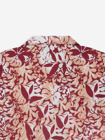 Peach Floral Printed Cuban Collar Half Sleeve Casual Shirt