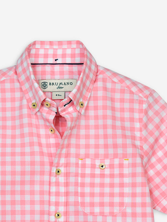 Peach Pink Gingham Short Sleeve Casual Shirt Brumano Pakistan
