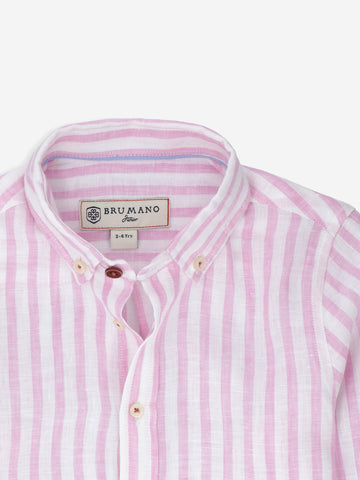 Pink Striped 100% Linen Long Sleeve Casual Shirt