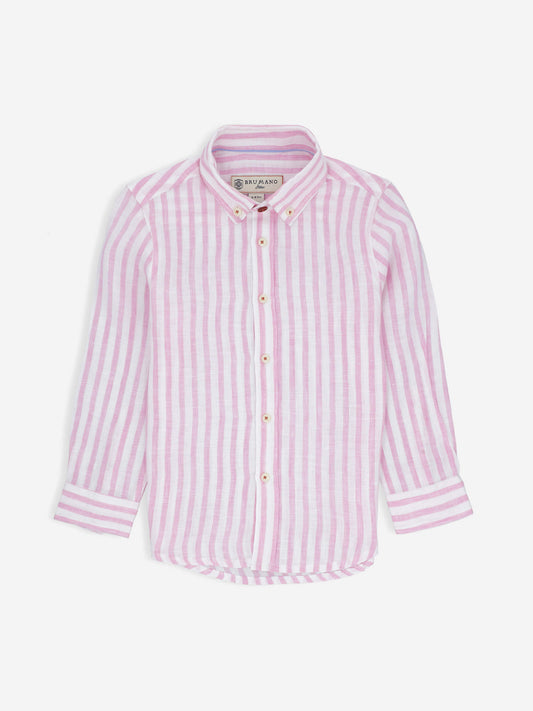 Pink Striped 100% Linen Long Sleeve Casual Shirt