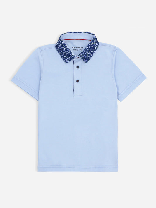 Sky Blue Casual Polo Shirt With Printed Floral Collar