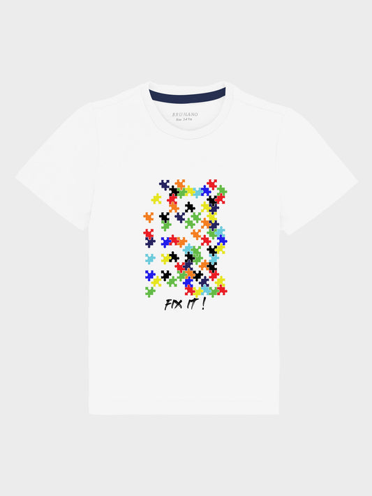 White Graphic Printed 'Puzzle' Casual Tee