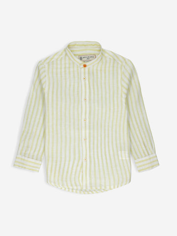  Yellow Striped 100% Linen Mao Collar Casual Shirt Brumano Pakistan