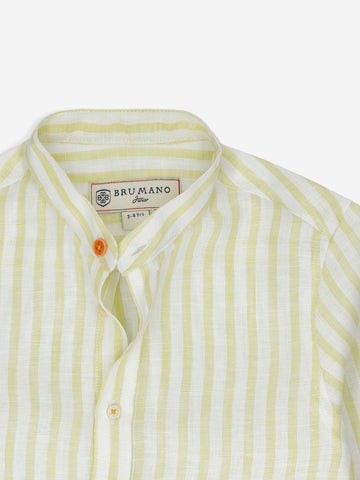  Yellow Striped 100% Linen Mao Collar Casual Shirt Brumano Pakistan