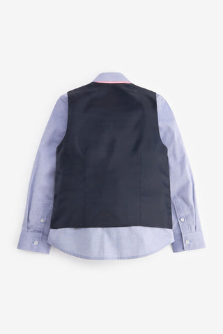 Navy Blue Check Waistcoat, Shirt & Tie Set