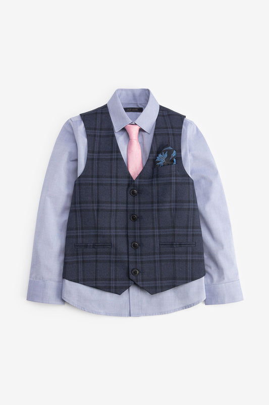Navy Blue Check Waistcoat, Shirt & Tie Set