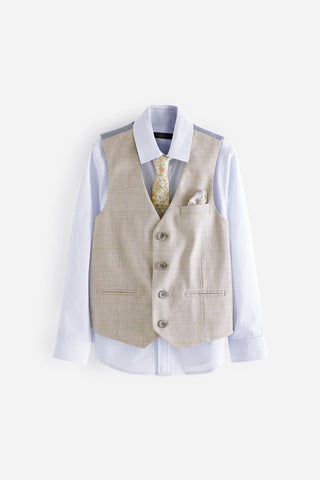 Neutral Brown Check Waistcoat, Shirt & Tie Set