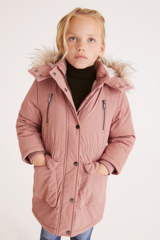 Shower Resistant Faux Fur Trim Parka Coat