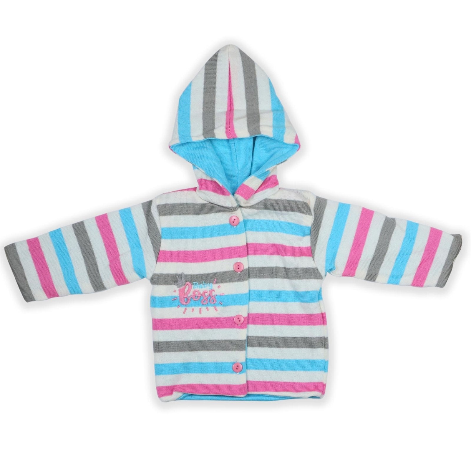 Woolen Hooded Jacket Pink Stripes | Little Darling - Zubaidas Mothershop