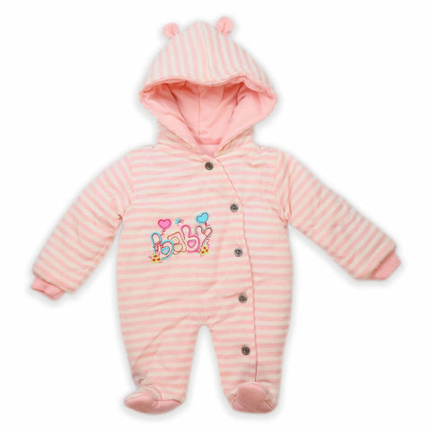 Woolen Romper Pink Strips Baby Embroidery | Little Darling - Zubaidas Mothershop